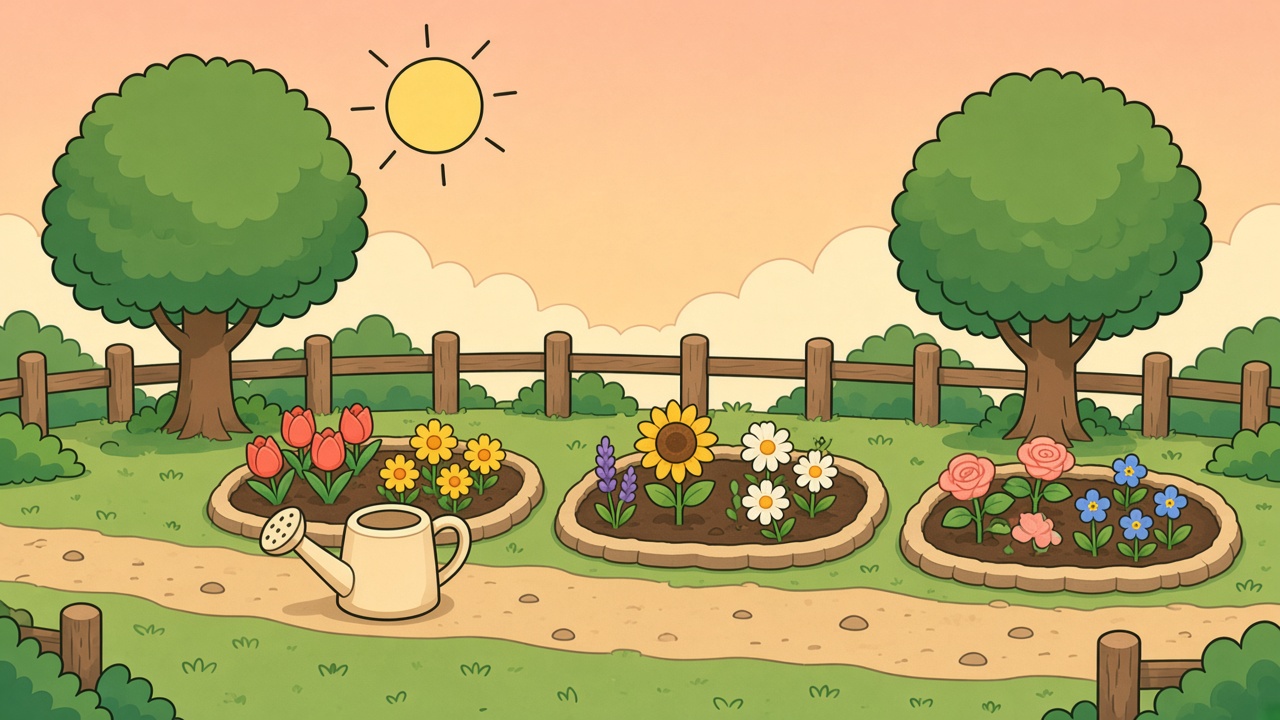 A cartoon garden with tulips, a sunflower, and roses growing in three soil beds